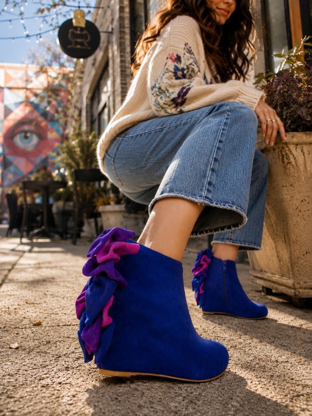 Jeffrey Campbell Blue Suede Leather Bow Back Zip Women’s Wedge Booties Sz 8.5